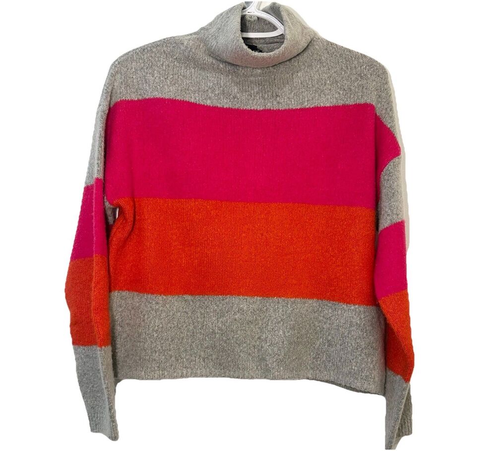 Cliché Colorblock Turtleneck Sweater Medium Wool Blend Pink Orange Gray Knit